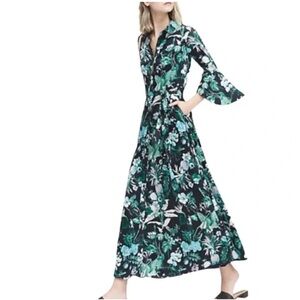 Banana Republic Black and Green Floral Long Sleeve Dress